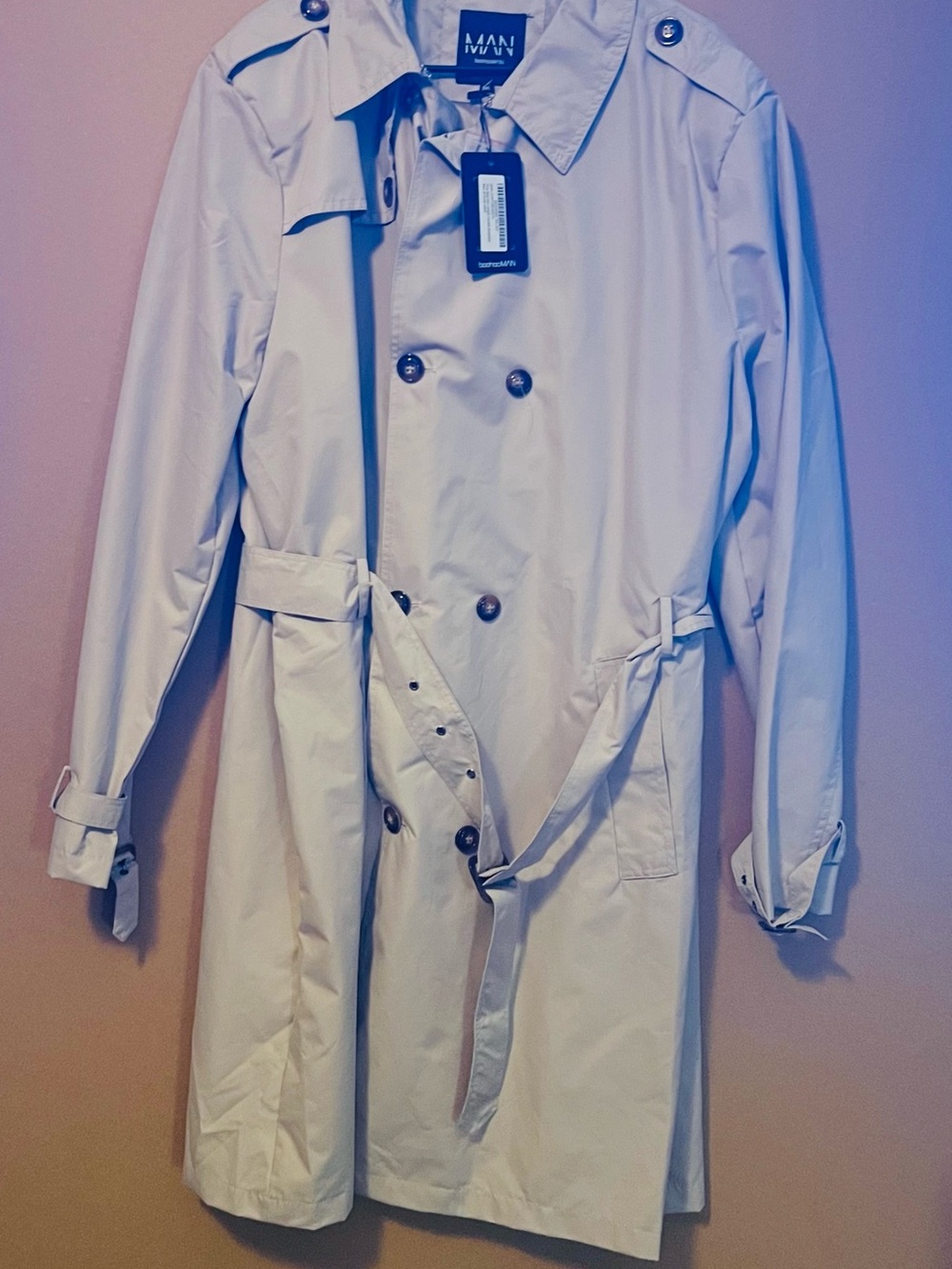 Boohoo Men's Light Cream Double-Breasted Trench Coat